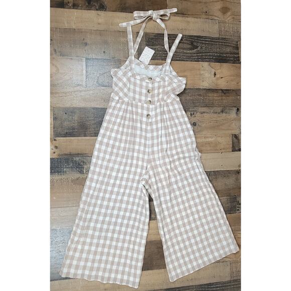 NWT Free People‎ Seersucker Plaid Neutral Gingham Wide Leg Jumpsuit Womens 8 - Picture 1 of 16